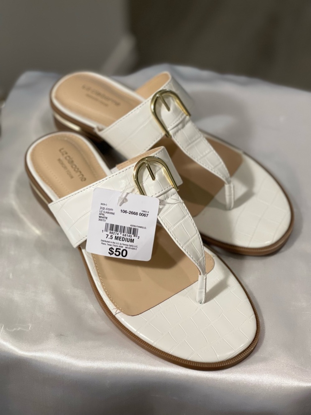 Liz Claiborne White Croc-Effect Thong Sandals with Gold Buckle